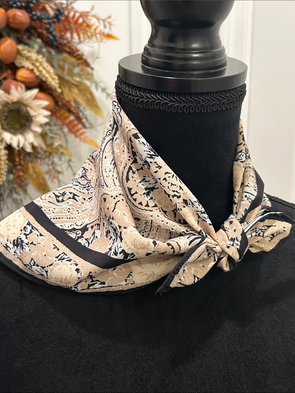 Beige Paisley Neck Scarf with Black Trim - Women Accessories OS - Picture 5 of 8